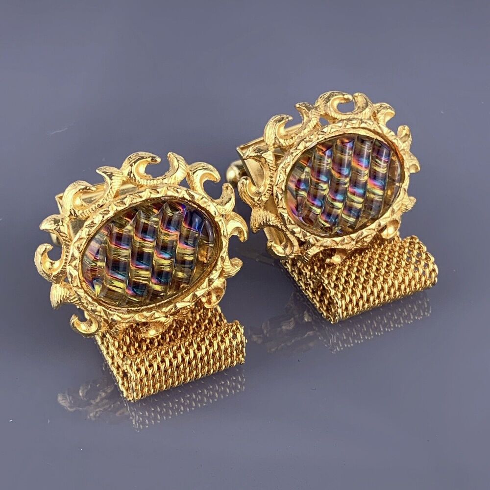 Dichroic Glass Cufflinks Wrap Around Gold Plated Blue to Orange Scrolls Vintage